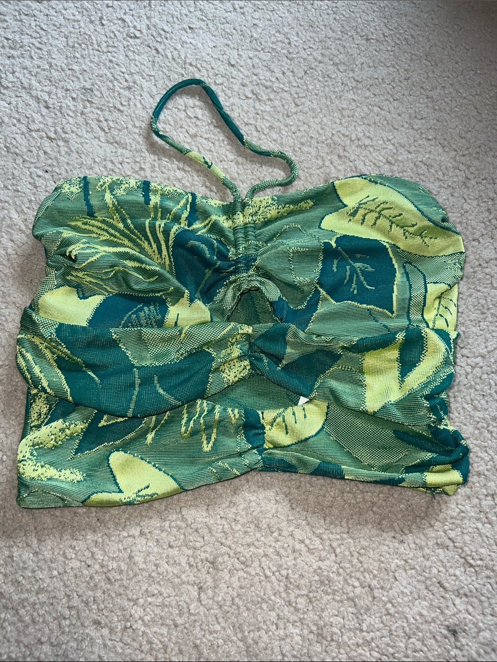 Zara Green Leaf-Print Crop Halter Top